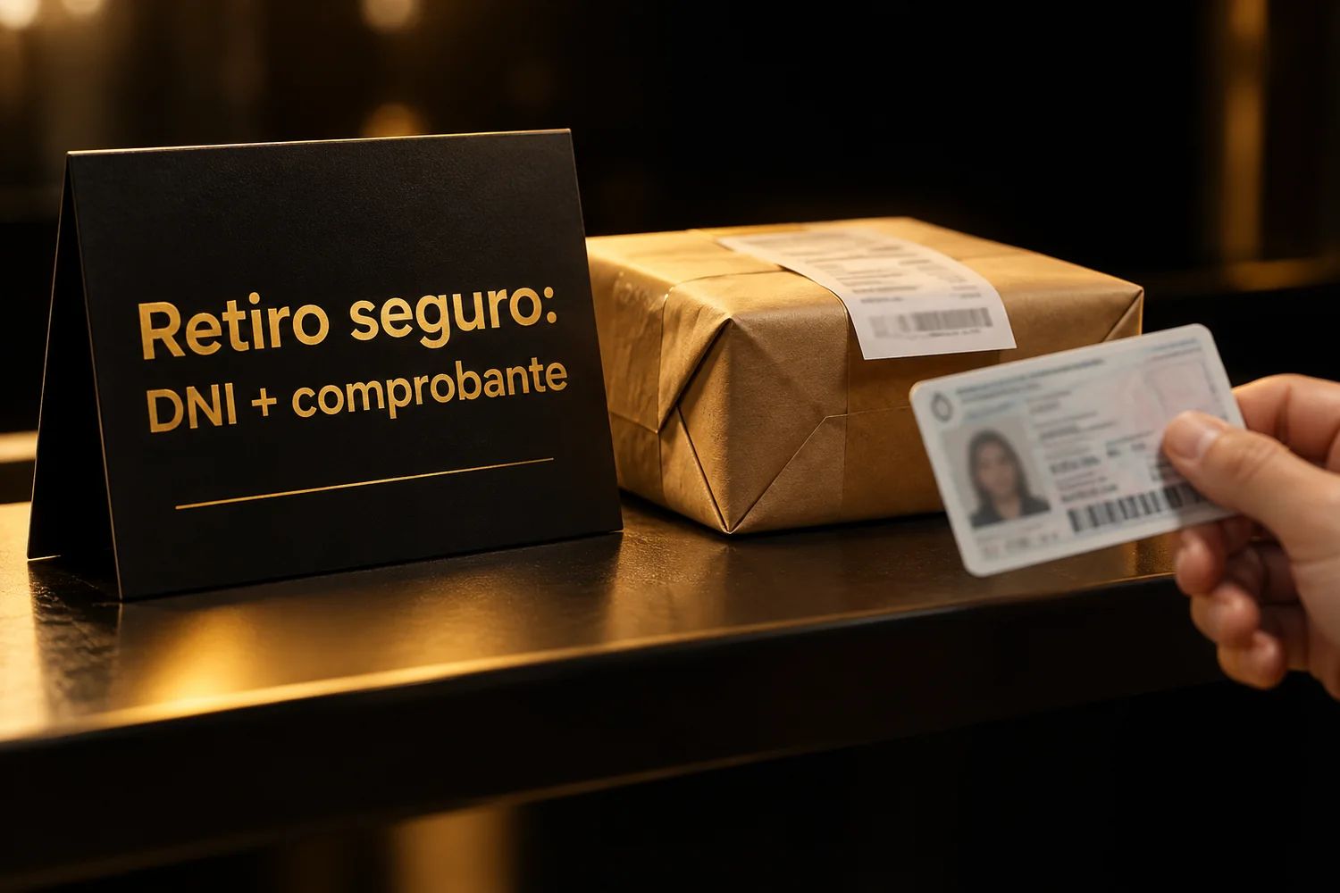 Un pedido listo para entregar en el mostrador, con el documento del cliente