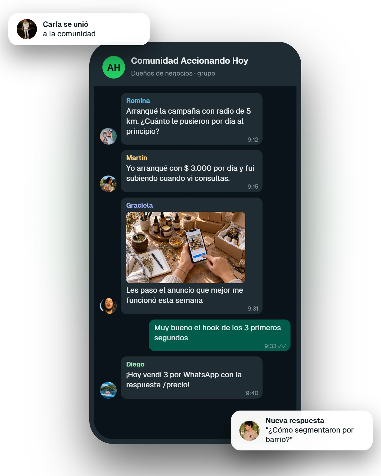 El grupo de la comunidad en WhatsApp, con alumnos que comparten sus anuncios y sus ventas