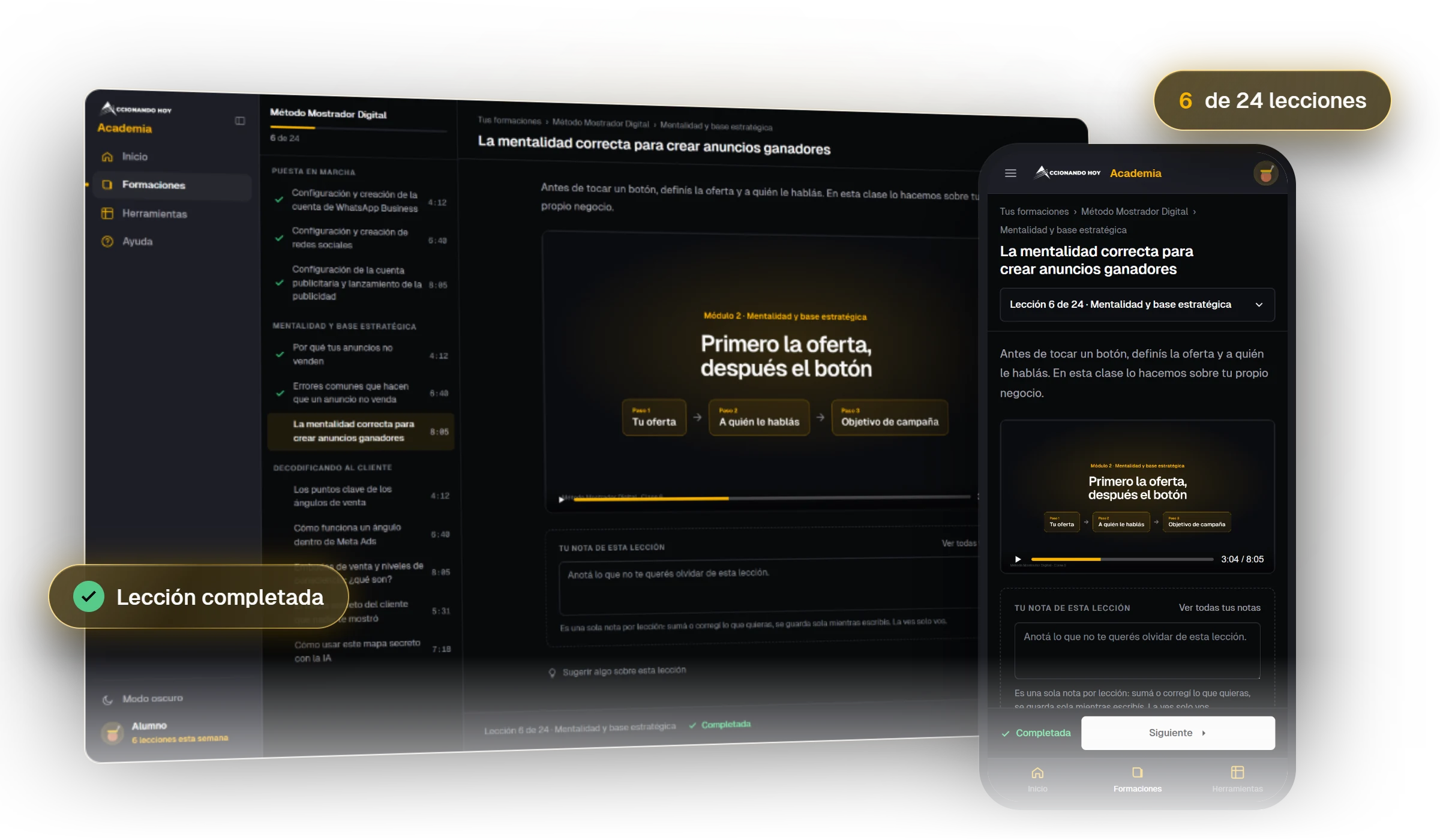 Una lección del Método Mostrador Digital en la academia, en la computadora y en el celular, con el índice de módulos y el avance