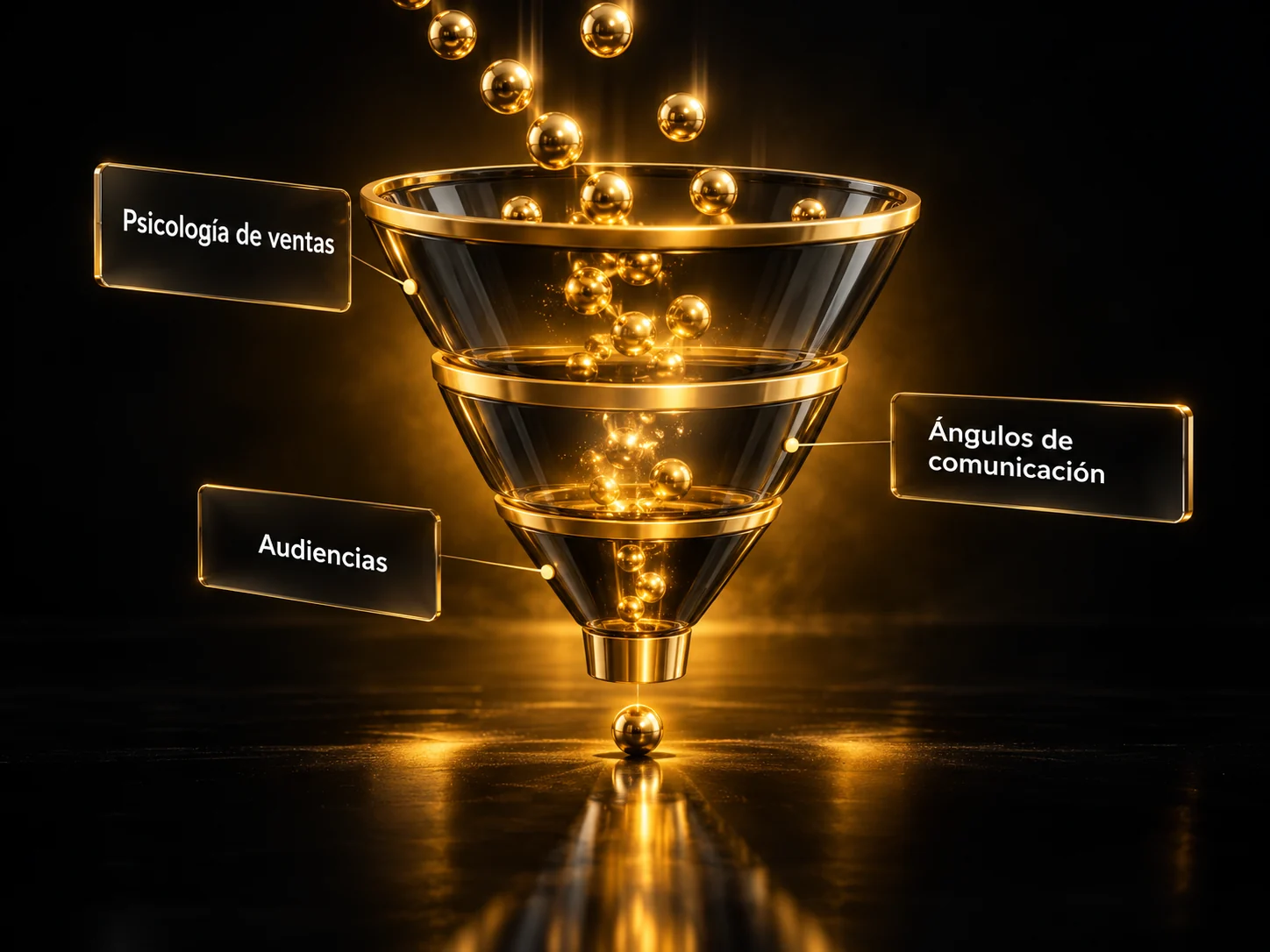 Un embudo de vidrio y oro: entran los clientes y sale una venta, con la psicología de ventas, los ángulos de comunicación y las audiencias