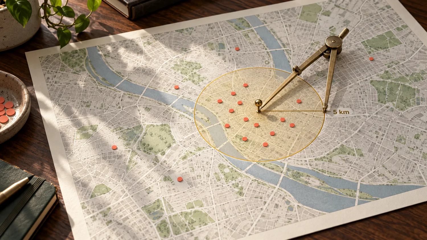 Un mapa de la ciudad sobre un escritorio, con un compás marcando un radio de 5 km alrededor del negocio