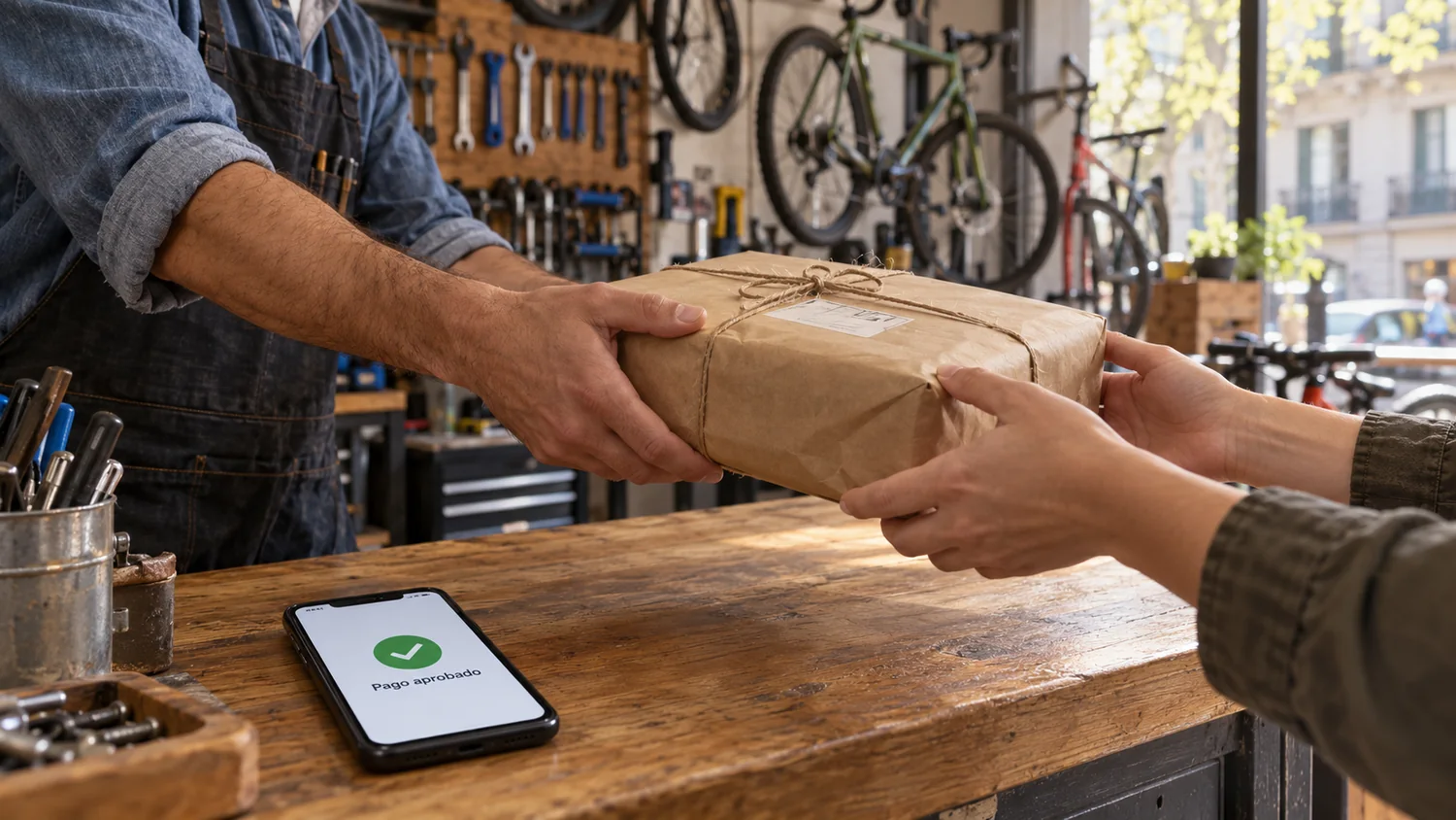 La entrega de un paquete en el mostrador de una bicicletería, con el pago aprobado en el celular
