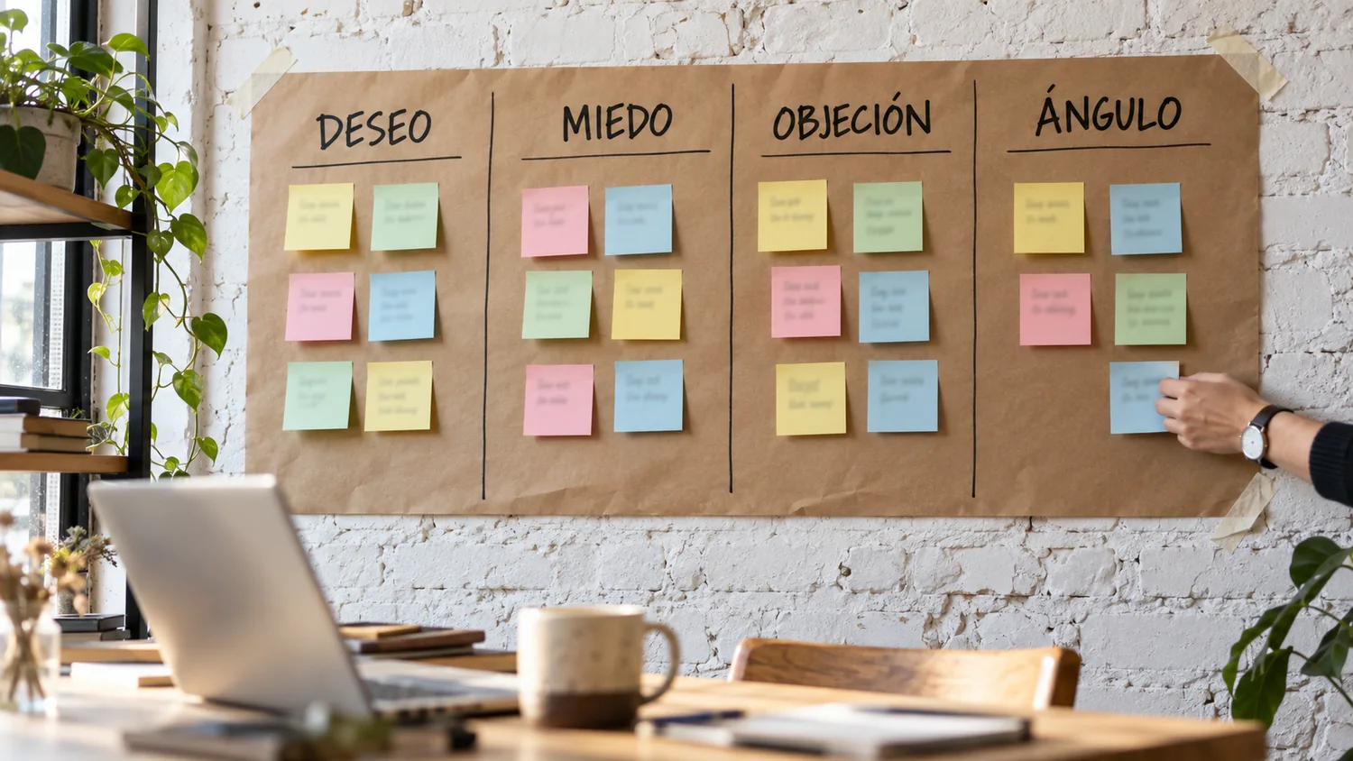 Una pared con notas en cuatro columnas: deseo, miedo, objeción y ángulo