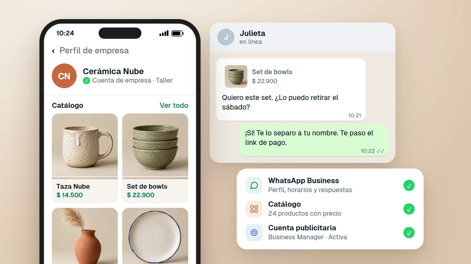El perfil de empresa de un taller de cerámica en WhatsApp Business, con el catálogo cargado y una clienta pidiendo un producto