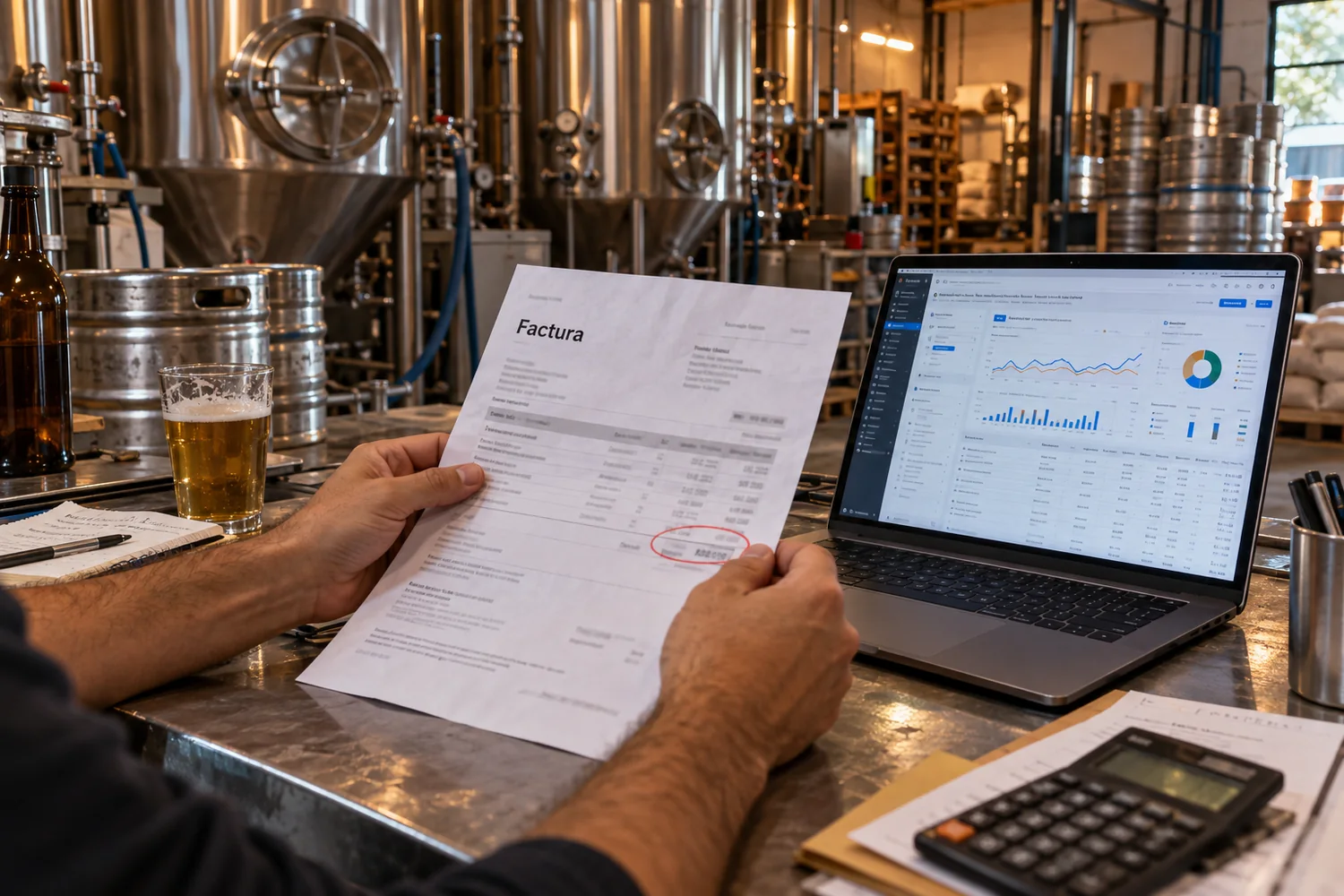 En una cervecería artesanal, el dueño mira la factura de una agencia de marketing