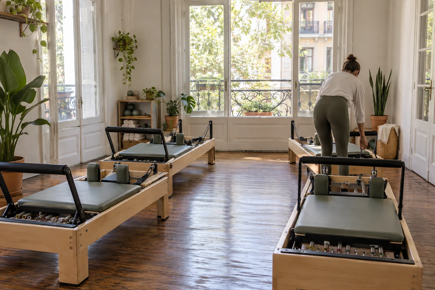 Un estudio de pilates a la mañana, con los reformers vacíos