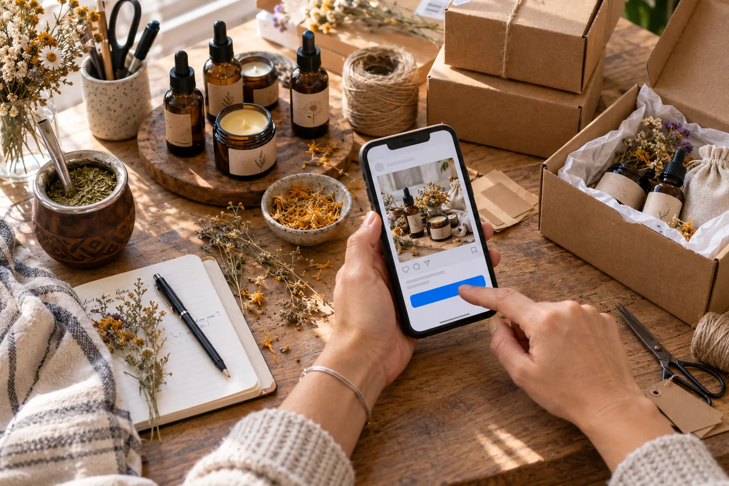 En el taller de una marca de cosmética natural, la dueña toca el botón de promocionar una publicación