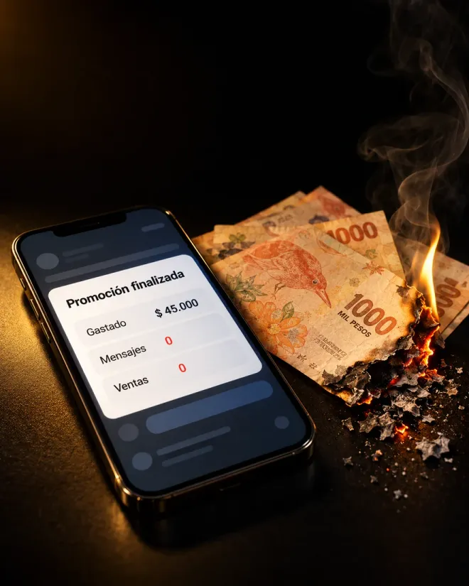 Un celular con una promoción finalizada: 45.000 pesos gastados, 0 mensajes y 0 ventas; al lado, billetes que se queman