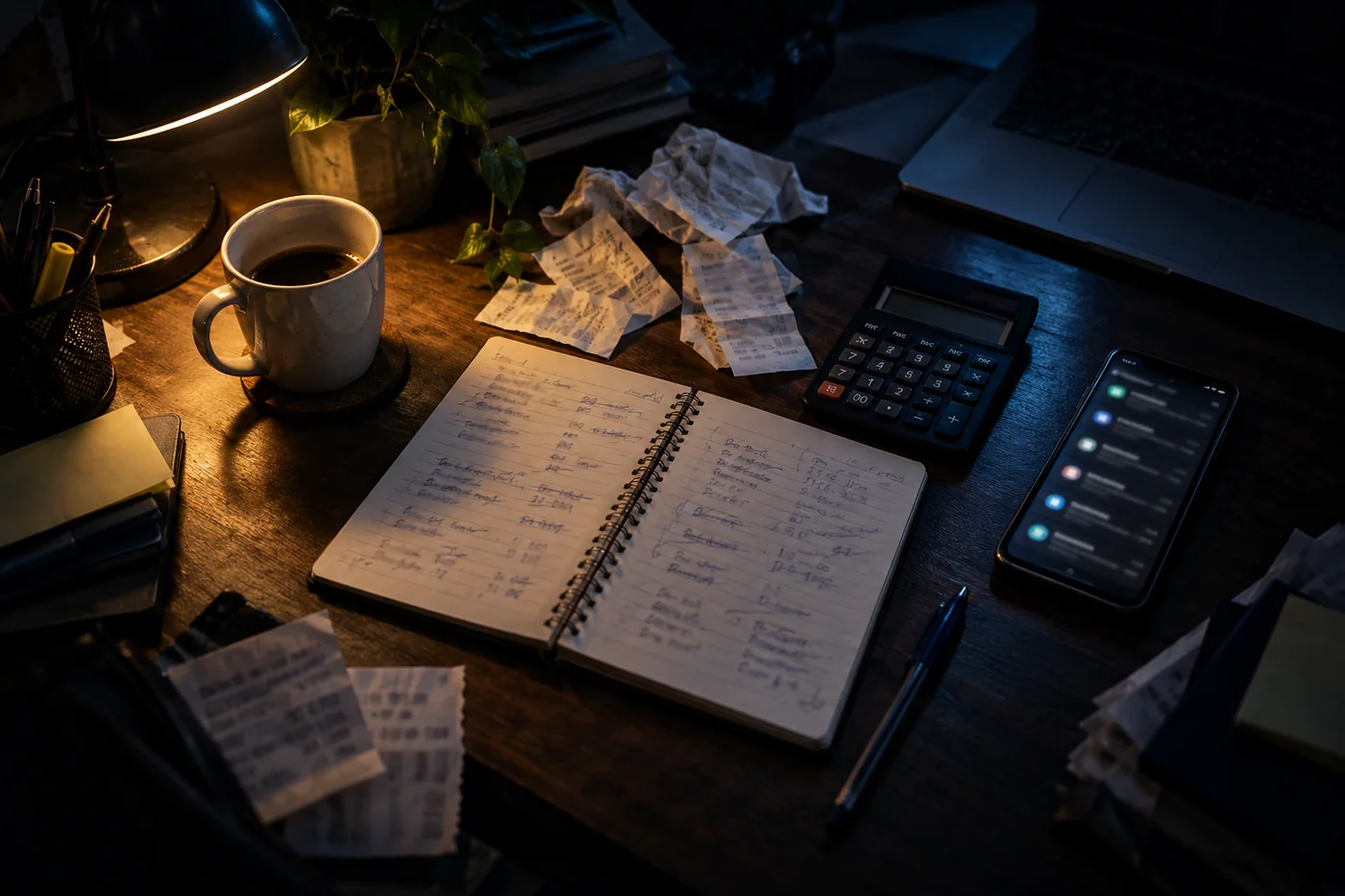 Un escritorio de noche con un cuaderno lleno de cuentas tachadas, tickets arrugados, una calculadora y el celular